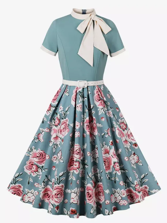Vintage 1950s Midi Dress For Women - Bow Tie Neck Printed A-Line Swing Dress - Spring Tea Party 2026