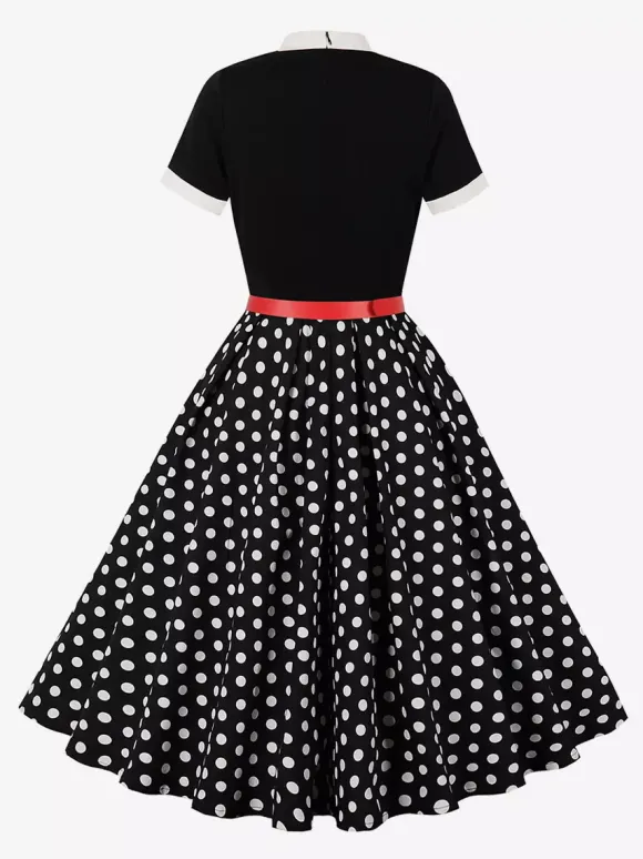 Vintage 1950s Midi Dress For Women - Bow Tie Neck Printed A-Line Swing Dress - Spring Tea Party 2026