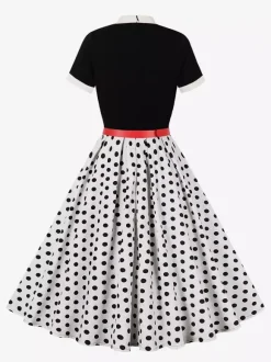 Vintage 1950s Midi Dress For Women - Bow Tie Neck Printed A-Line Swing Dress - Spring Tea Party 2026