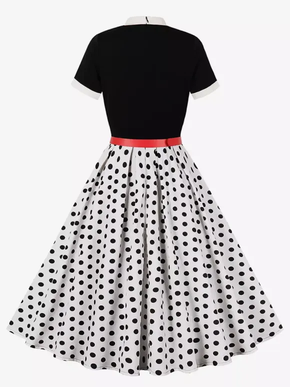 Vintage 1950s Midi Dress For Women - Bow Tie Neck Printed A-Line Swing Dress - Spring Tea Party 2026