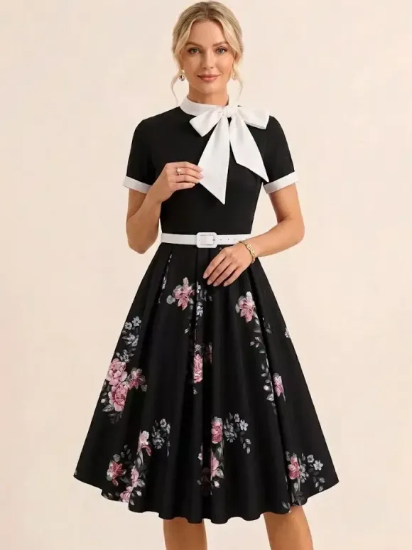 Vintage 1950s Midi Dress For Women - Bow Tie Neck Printed A-Line Swing Dress - Spring Tea Party 2026