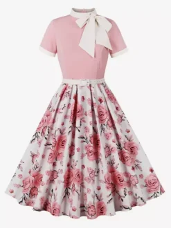 Vintage 1950s Midi Dress For Women - Bow Tie Neck Printed A-Line Swing Dress - Spring Tea Party 2026