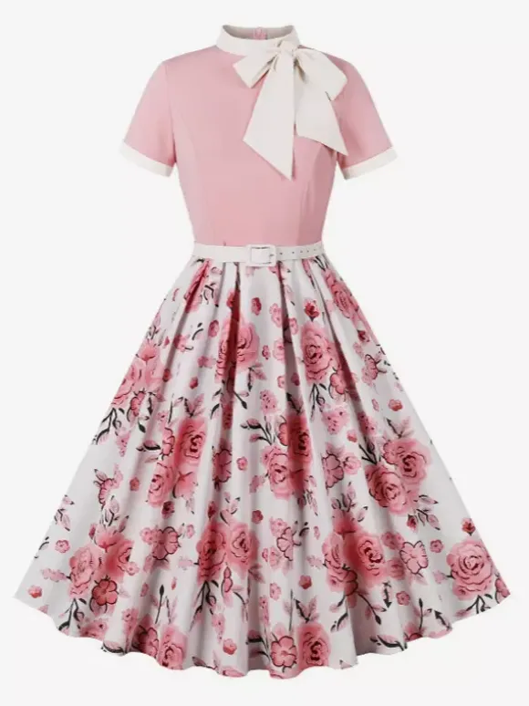 Vintage 1950s Midi Dress For Women - Bow Tie Neck Printed A-Line Swing Dress - Spring Tea Party 2026