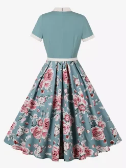Vintage 1950s Midi Dress For Women - Bow Tie Neck Printed A-Line Swing Dress - Spring Tea Party 2026