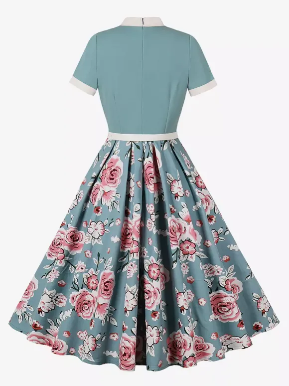 Vintage 1950s Midi Dress For Women - Bow Tie Neck Printed A-Line Swing Dress - Spring Tea Party 2026