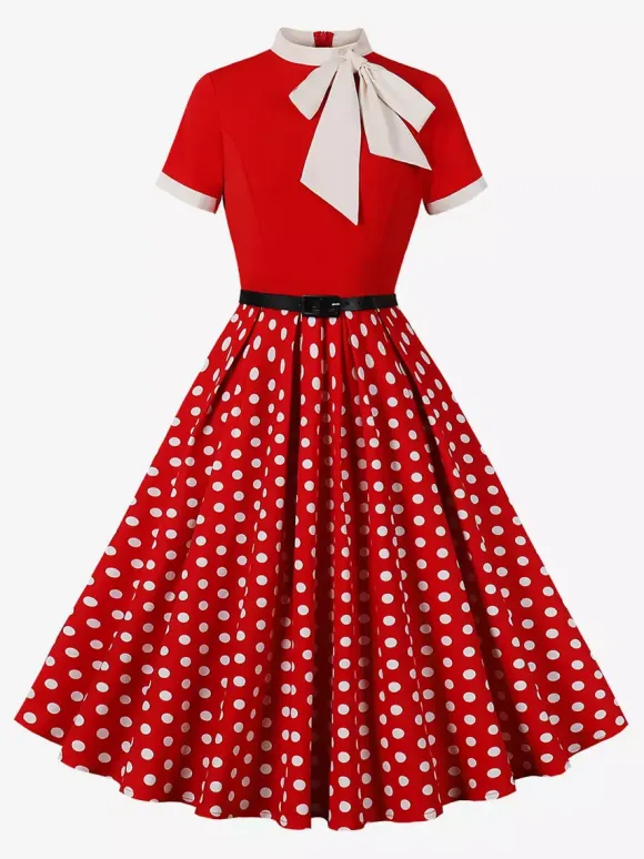 Vintage 1950s Midi Dress For Women - Bow Tie Neck Printed A-Line Swing Dress - Spring Tea Party 2026