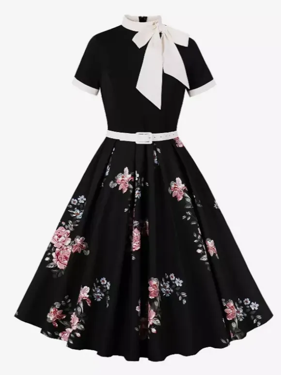 Vintage 1950s Midi Dress For Women - Bow Tie Neck Printed A-Line Swing Dress - Spring Tea Party 2026