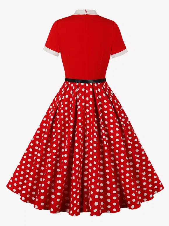 Vintage 1950s Midi Dress For Women - Bow Tie Neck Printed A-Line Swing Dress - Spring Tea Party 2026