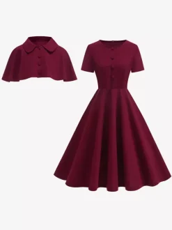 Vintage 1950s Midi Dress With Capelet For Women A-Line Swing Skater Dress - Summer Retro Party 2026