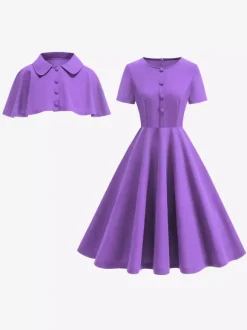 Vintage 1950s Midi Dress With Capelet For Women A-Line Swing Skater Dress - Summer Retro Party 2026