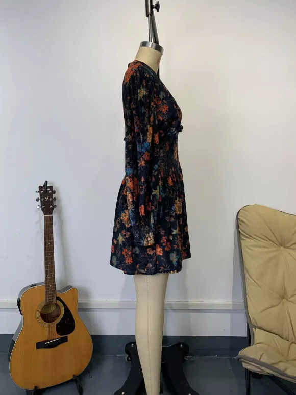 Vintage Smocked Waist V-Neck Long Sleeve Floral Print Mini Dress For Women 2026