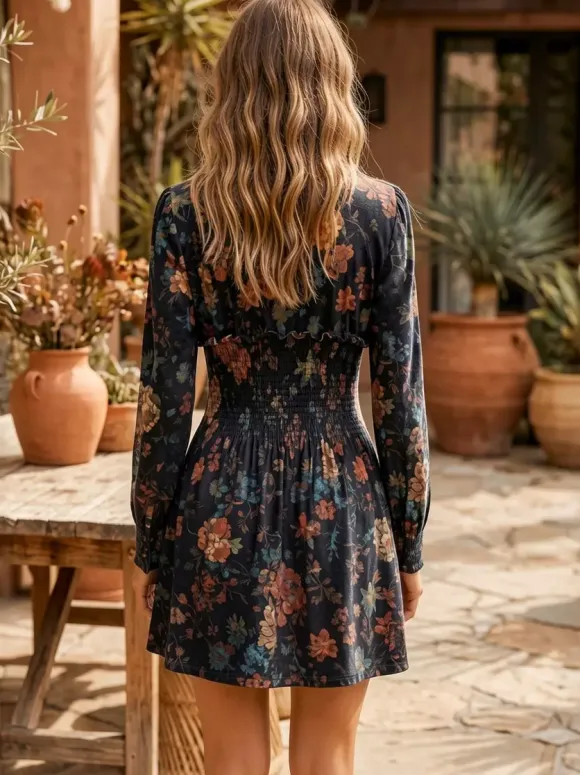 Vintage Smocked Waist V-Neck Long Sleeve Floral Print Mini Dress For Women 2026