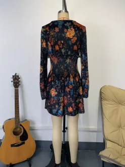 Vintage Smocked Waist V-Neck Long Sleeve Floral Print Mini Dress For Women 2026