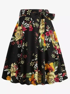 Vintage 1950s Printed Skirt For Women - Retro High Waisted A-Line Swing Midi Skirt With Belt - Summer Tropical Party 2026