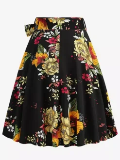 Vintage 1950s Printed Skirt For Women - Retro High Waisted A-Line Swing Midi Skirt With Belt - Summer Tropical Party 2026
