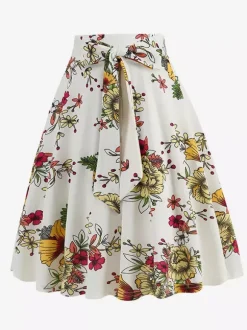 Vintage 1950s Printed Skirt For Women - Retro High Waisted A-Line Swing Midi Skirt With Belt - Summer Tropical Party 2026