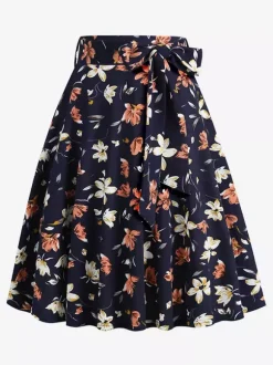 Vintage 1950s Printed Skirt For Women - Retro High Waisted A-Line Swing Midi Skirt With Belt - Summer Tropical Party 2026