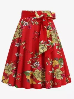 Vintage 1950s Printed Skirt For Women - Retro High Waisted A-Line Swing Midi Skirt With Belt - Summer Tropical Party 2026