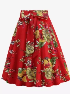 Vintage 1950s Printed Skirt For Women - Retro High Waisted A-Line Swing Midi Skirt With Belt - Summer Tropical Party 2026