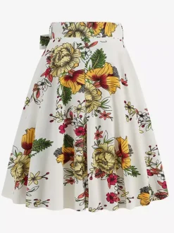 Vintage 1950s Printed Skirt For Women - Retro High Waisted A-Line Swing Midi Skirt With Belt - Summer Tropical Party 2026