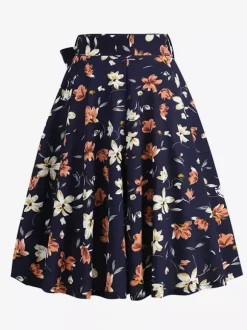 Vintage 1950s Printed Skirt For Women - Retro High Waisted A-Line Swing Midi Skirt With Belt - Summer Tropical Party 2026
