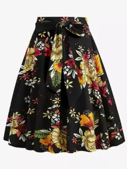 Vintage 1950s Printed Skirt For Women - Retro High Waisted A-Line Swing Midi Skirt With Belt - Summer Tropical Party 2026
