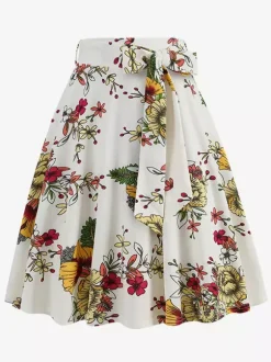 Vintage 1950s Printed Skirt For Women - Retro High Waisted A-Line Swing Midi Skirt With Belt - Summer Tropical Party 2026