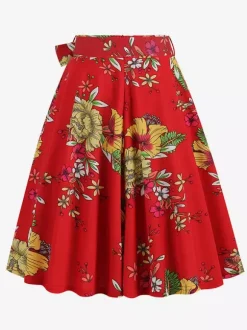 Vintage 1950s Printed Skirt For Women - Retro High Waisted A-Line Swing Midi Skirt With Belt - Summer Tropical Party 2026