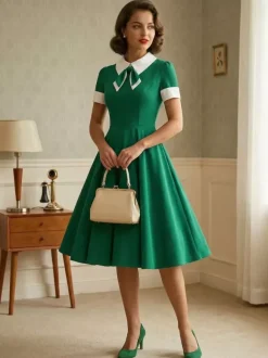 Vintage 1950s Swing Cocktail Dress for Women - V Neck Short Sleeve A-Line Ruched Bust Rockabilly Midi Gown - Wedding Guest 2026