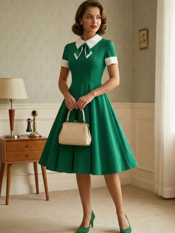Vintage 1950s Swing Cocktail Dress for Women - V Neck Short Sleeve A-Line Ruched Bust Rockabilly Midi Gown - Wedding Guest 2026