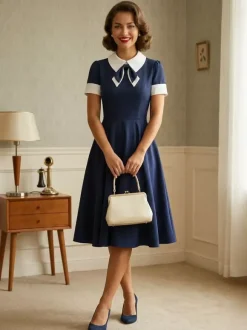 Vintage 1950s Swing Cocktail Dress for Women - V Neck Short Sleeve A-Line Ruched Bust Rockabilly Midi Gown - Wedding Guest 2026