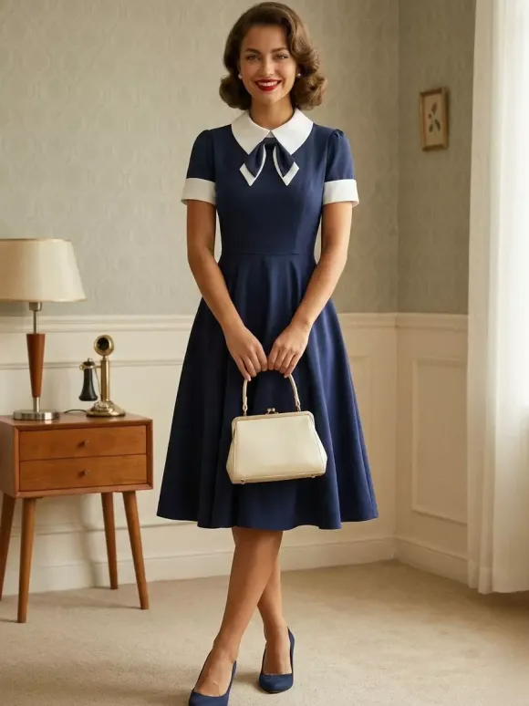 Vintage 1950s Swing Cocktail Dress for Women - V Neck Short Sleeve A-Line Ruched Bust Rockabilly Midi Gown - Wedding Guest 2026