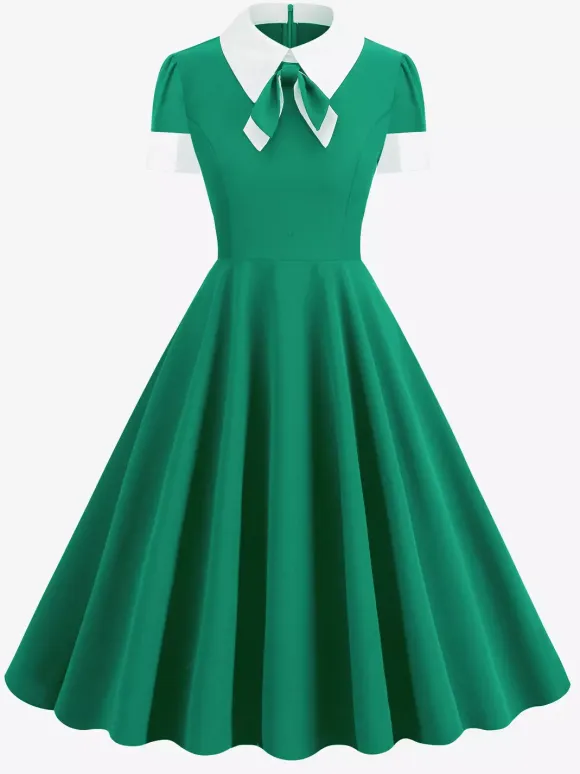 Vintage 1950s Swing Cocktail Dress for Women - V Neck Short Sleeve A-Line Ruched Bust Rockabilly Midi Gown - Wedding Guest 2026