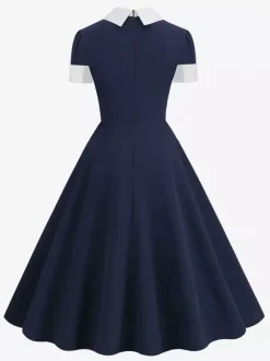 Vintage 1950s Swing Cocktail Dress for Women - V Neck Short Sleeve A-Line Ruched Bust Rockabilly Midi Gown - Wedding Guest 2026