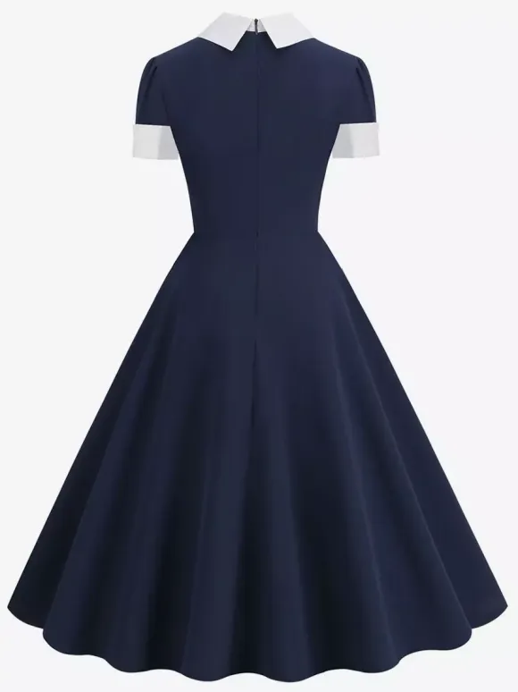 Vintage 1950s Swing Cocktail Dress for Women - V Neck Short Sleeve A-Line Ruched Bust Rockabilly Midi Gown - Wedding Guest 2026