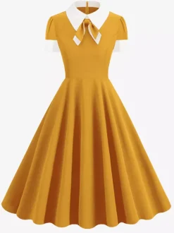 Vintage 1950s Swing Cocktail Dress for Women - V Neck Short Sleeve A-Line Ruched Bust Rockabilly Midi Gown - Wedding Guest 2026