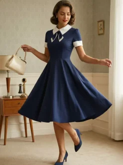 Vintage 1950s Swing Cocktail Dress for Women - V Neck Short Sleeve A-Line Ruched Bust Rockabilly Midi Gown - Wedding Guest 2026