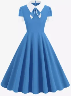 Vintage 1950s Swing Cocktail Dress for Women - V Neck Short Sleeve A-Line Ruched Bust Rockabilly Midi Gown - Wedding Guest 2026