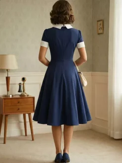 Vintage 1950s Swing Cocktail Dress for Women - V Neck Short Sleeve A-Line Ruched Bust Rockabilly Midi Gown - Wedding Guest 2026