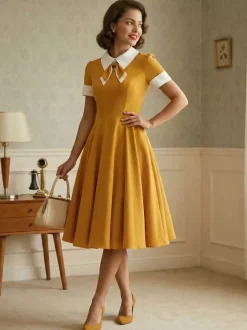 Vintage 1950s Swing Cocktail Dress for Women - V Neck Short Sleeve A-Line Ruched Bust Rockabilly Midi Gown - Wedding Guest 2026