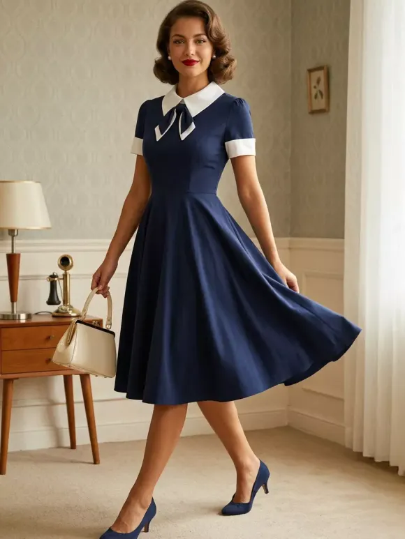 Vintage 1950s Swing Cocktail Dress for Women - V Neck Short Sleeve A-Line Ruched Bust Rockabilly Midi Gown - Wedding Guest 2026
