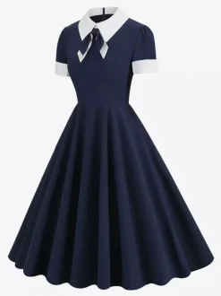 Vintage 1950s Swing Cocktail Dress for Women - V Neck Short Sleeve A-Line Ruched Bust Rockabilly Midi Gown - Wedding Guest 2026