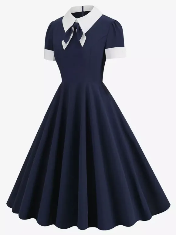 Vintage 1950s Swing Cocktail Dress for Women - V Neck Short Sleeve A-Line Ruched Bust Rockabilly Midi Gown - Wedding Guest 2026