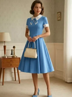 Vintage 1950s Swing Cocktail Dress for Women - V Neck Short Sleeve A-Line Ruched Bust Rockabilly Midi Gown - Wedding Guest 2026