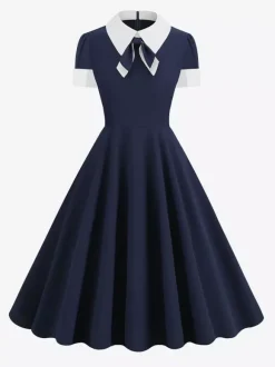 Vintage 1950s Swing Cocktail Dress for Women - V Neck Short Sleeve A-Line Ruched Bust Rockabilly Midi Gown - Wedding Guest 2026