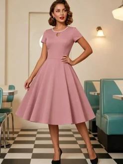 Vintage 1950s Swing Cocktail Dress Short Sleeve Women Retro Dress