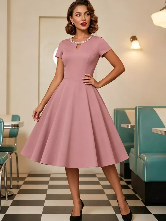 Vintage 1950s Swing Cocktail Dress Short Sleeve Women Retro Dress