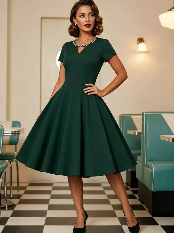 Vintage 1950s Swing Cocktail Dress Short Sleeve Women Retro Dress