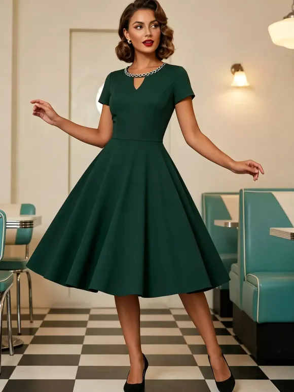 Vintage 1950s Swing Cocktail Dress Short Sleeve Women Retro Dress