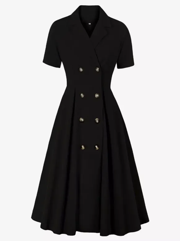 Vintage 1950s Swing Dress for Women - A Line Double Breasted Lapel Collar Rockabilly Midi Tea Dress - Summer Cocktail 2026